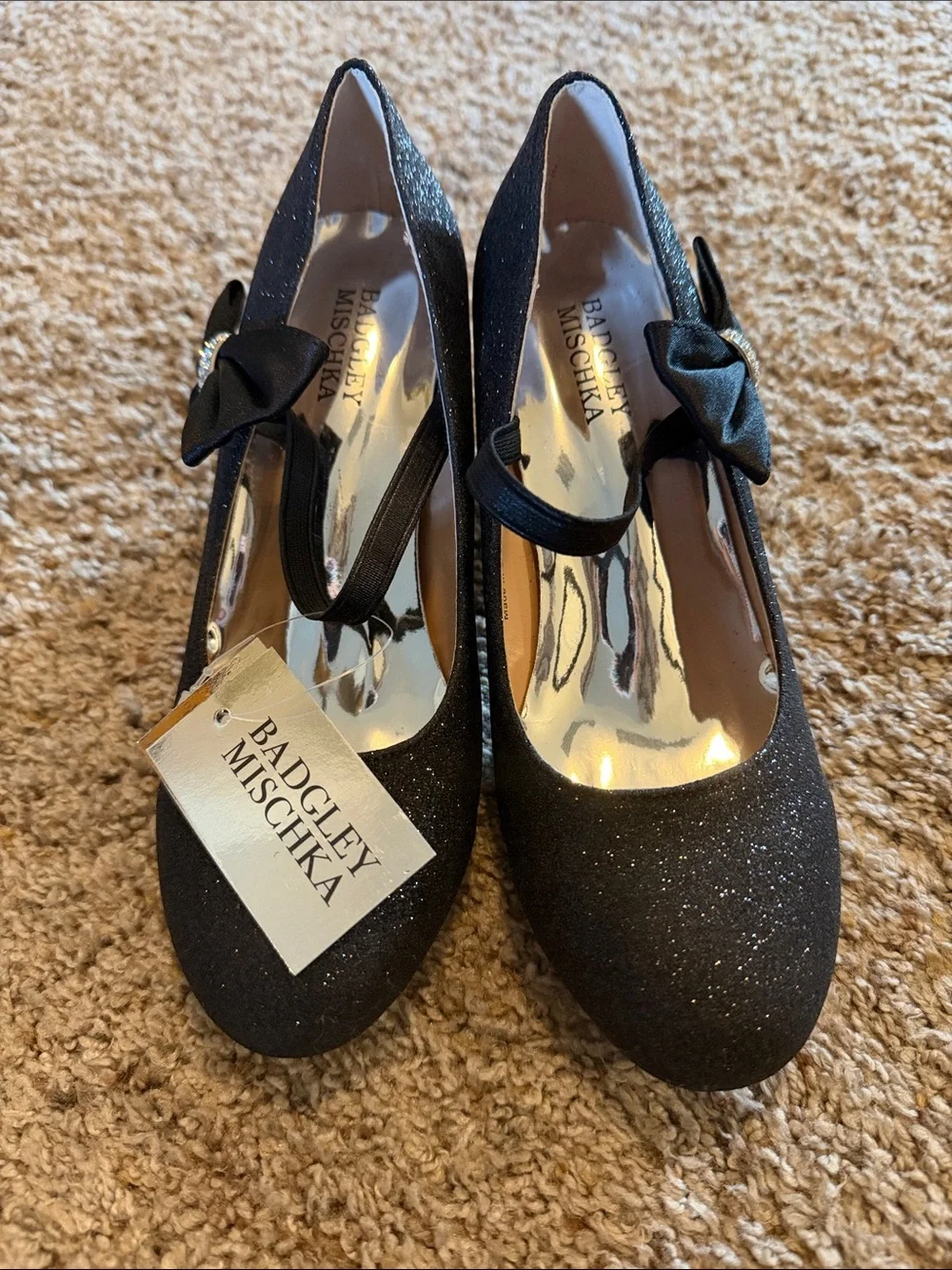 Girls' Black Glitter Bow Block Heel Dress Shoes